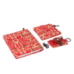 Leather-accented cotton journal, pouch and keychain set, 'Assam Beauty' (3 pieces) - Leather-Accented Cotton Jacquard Journal Pouch Keychain Set