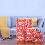 Leather-accented cotton journal, pouch and keychain set, 'Assam Beauty' (3 pieces) - Leather-Accented Cotton Jacquard Journal Pouch Keychain Set