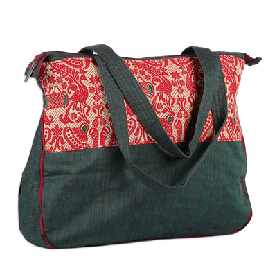 Cotton shoulder bag, 'Assam Heritage' - Peacock-Themed Red and Green Cotton Shoulder Bag