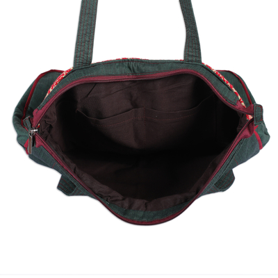 Cotton shoulder bag, 'Assam Heritage' - Peacock-Themed Red and Green Cotton Shoulder Bag