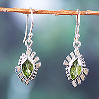 Peridot dangle earrings, 'Fortunate Eyes' - Polished Geometric Sterling Silver Peridot Dangle Earrings