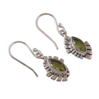 Peridot dangle earrings, 'Fortunate Eyes' - Polished Geometric Sterling Silver Peridot Dangle Earrings