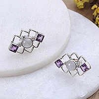 Amethyst and rainbow moonstone button earrings, 'Charismatic Harmony' - Geometric Amethyst and Rainbow Moonstone Button Earrings