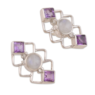 Amethyst and rainbow moonstone button earrings, 'Charismatic Harmony' - Geometric Amethyst and Rainbow Moonstone Button Earrings