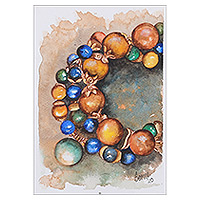 „Crystal Charms“ – Signiertes impressionistisches Aquarellgemälde mit Edelsteinen