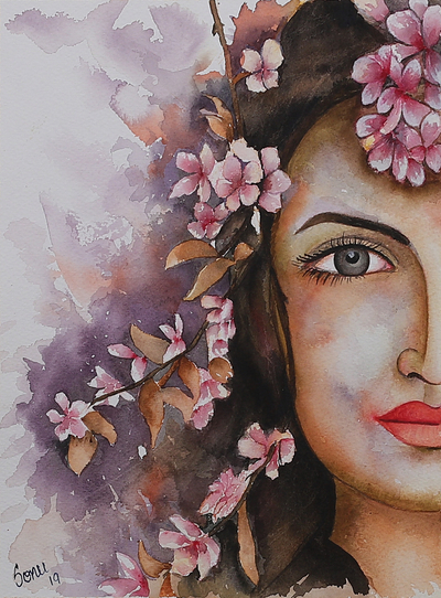 'Longing I' - Signed Watercolour Woman Portrait Painting with Pink Blooms