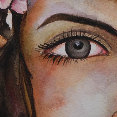 'Longing I' - Pintura de retrato de mujer acuarela firmada con flores rosas