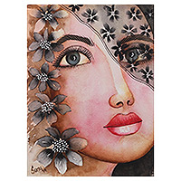 'Longing II' - Signed Watercolour Woman Portrait Painting with Black Blooms
