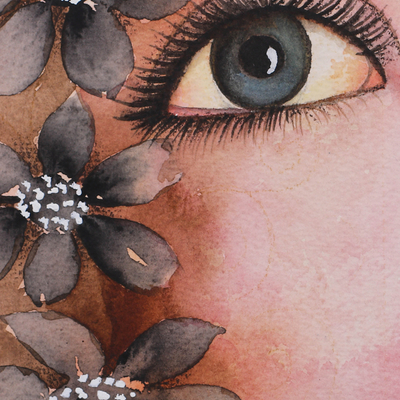 'Longing II' - Signed Watercolor Woman Portrait Painting with Black Blooms