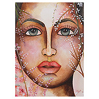 'Longing III' - Signed Watercolor Woman Portrait Painting with White Blooms