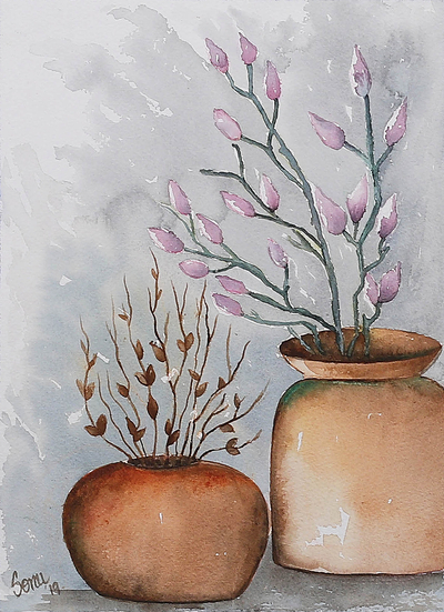 'Elegance II' - Impressionist Watercolor Painting of Vases and Flowers