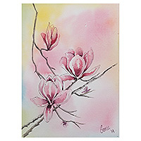 „Kirschblüten“ – Rosafarbenes Impressionistisches Aquarellgemälde Mit Naturmotiv
