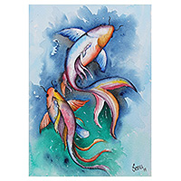 „Koi-Teich“ – Signiertes Gestrecktes Expressionistisches Aquarell-Koi-Fischgemälde