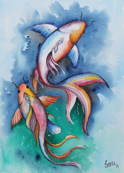 Signed Stretched Expressionist Watercolor Koi Fish Painting - Koi Pond