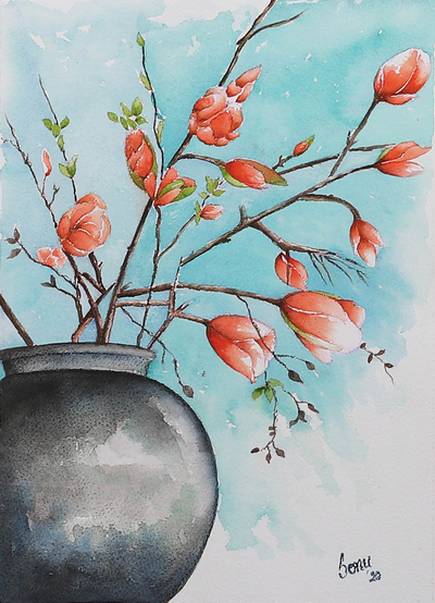 'Orange Blossoms' - Nature-Themed Blue Impressionist Watercolour Painting