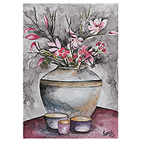 'Ceramics' - Signed Stretched Impressionist Watercolor Painting of Vase