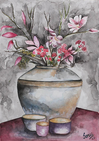 'Ceramics' - Signed Stretched Impressionist Watercolor Painting of Vase