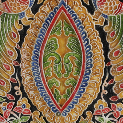 Relief marble wall art, 'Floral Glory' - Marble Relief Wall Art with Floral Peacock & Paisley Motifs
