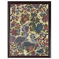 Relief marble wall art, 'Heron Delight' - Marble Relief Wall Art with Heron Floral and Leaf Motifs