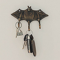 Brass key rack, 'Glorious Bat' - Bat-Shaped Copper-Plated Brass Key Rack from India