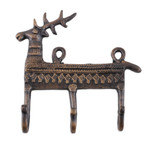 Brass key rack, 'Palatial Reindeer' - Reindeer-Shaped Copper-Plated Brass Key Rack from India
