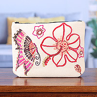 Bolsa cosmética de algodón bordado, 'Butterfly Connection' - Bolsa cosmética de algodón con temática floral y mariposa bordada
