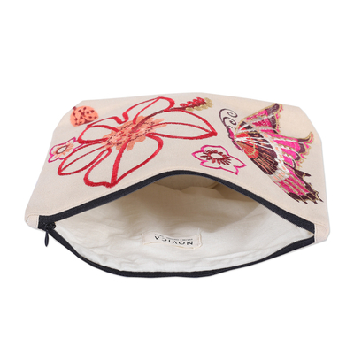 Embroidered cotton cosmetic bag, 'Butterfly Connection' - Embroidered Butterfly and Floral-Themed Cotton Cosmetic Bag