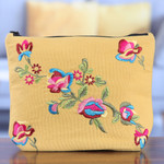 Embroidered cotton cosmetic bag, 'Mimosa Spring' - Rayon-Embroidered Floral Mimosa Yellow Cotton Cosmetic Bag