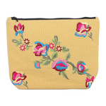 Embroidered cotton cosmetic bag, 'Mimosa Spring' - Rayon-Embroidered Floral Mimosa Yellow Cotton Cosmetic Bag