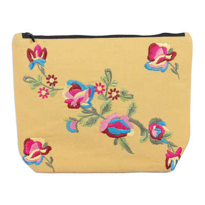 Embroidered cotton cosmetic bag, 'Mimosa Spring' - Rayon-Embroidered Floral Mimosa Yellow Cotton Cosmetic Bag