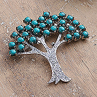 Sterling silver brooch, 'Island Tree' - Tree-Shaped Reconstituted Turquoise Sterling Silver Brooch