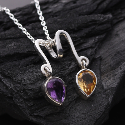 Amethyst and citrine pendant necklace, 'Spiritual Reflection' - Classic One-Carat Amethyst and Citrine Pendant Necklace