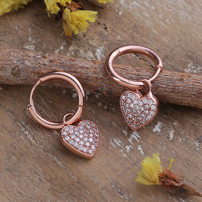 Rose gold-plated cubic zirconia dangle earrings, 'Sparkling Heart' - Rose Gold-Plated Heart Dangle Earrings with Cubic Zirconia