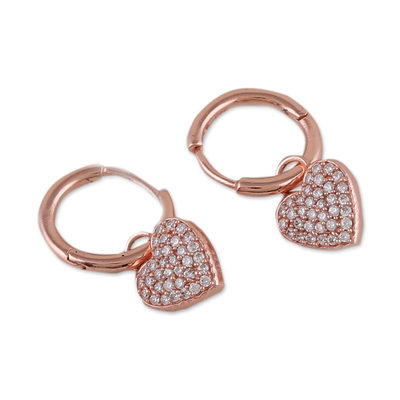 Rose gold-plated cubic zirconia dangle earrings, 'Sparkling Heart' - Rose Gold-Plated Heart Dangle Earrings with Cubic Zirconia