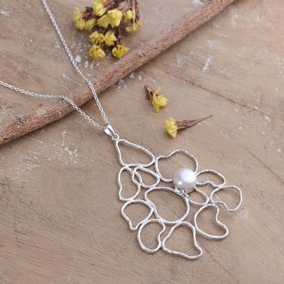Cultured pearl pendant necklace, 'Oneiric Petals' - Abstract Floral Sterling Silver Pendant Necklace with Pearl
