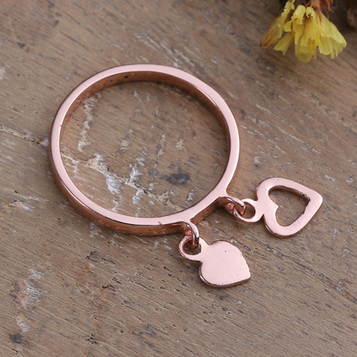 Rose gold-plated charm ring, 'Dancing Romance' - Romantic Heart-Themed 18k Rose Gold-Plated Charm Ring