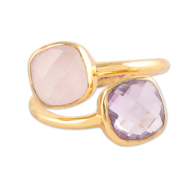 Gold-plated amethyst and rose quartz wrap ring, 'Duet of Emotions' - 18k Gold-Plated 4-Carat Amethyst and Rose Quartz Wrap Ring
