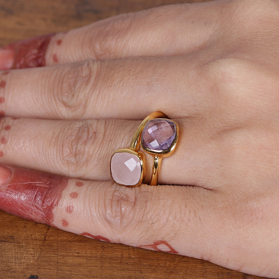 Anillo envolvente bañado en oro con amatista y cuarzo rosa - anillo envolvente de amatista y cuarzo rosa de 4 quilates chapado en oro de 18 k
