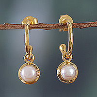 Gold-plated cultured pearl half-hoop dangle earrings, 'Eden's Romance' - 18k Gold-Plated Cultured Pearl Half-Hoop Dangle Earrings