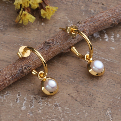 Gold-plated cultured pearl half-hoop dangle earrings, 'Eden's Romance' - 18k Gold-Plated Cultured Pearl Half-Hoop Dangle Earrings