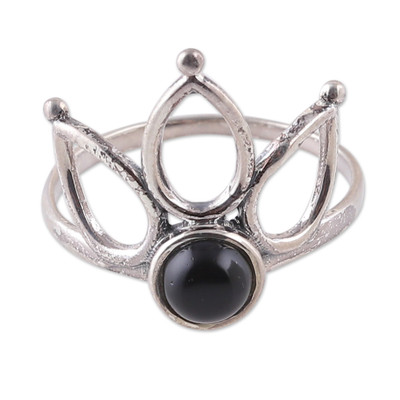 Onyx cocktail ring, 'Shadow Crown' - Leafy-Inspired Sterling Silver and Onyx Cocktail Ring