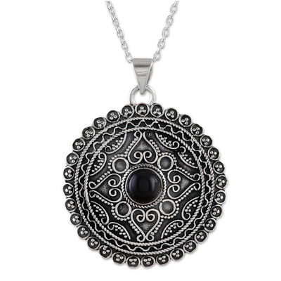 Onyx pendant necklace, 'Love in Shadows' - Sterling Silver Pendant Necklace with Black Onyx Stone