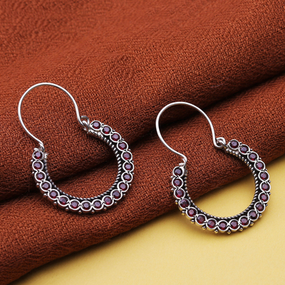 Garnet hoop earrings, 'Dazzling Hoop' - Faceted Three-Carat Natural Garnet Hoop Earrings from India