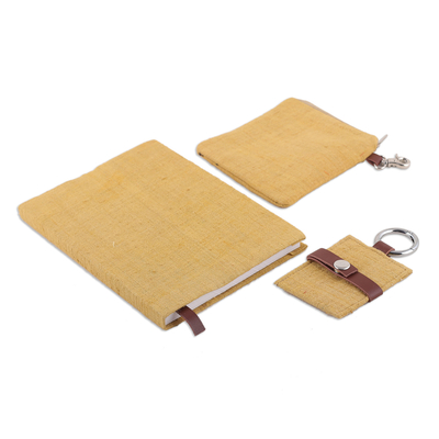 Leather-accented silk journal, pouch and keychain set, 'Golden Elegance' (3 pieces) - Steel & Leather-Accented Silk Journal Pouch and Keychain Set