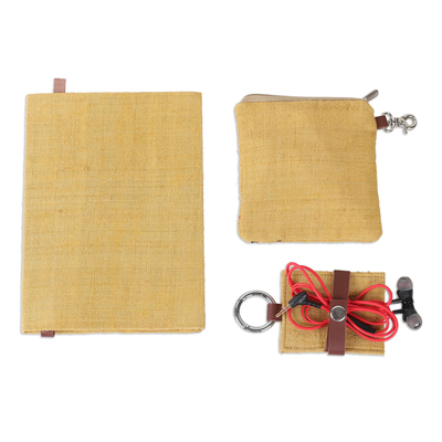 Set aus Tagebuch, Beutel und Schlüsselanhänger aus Seide mit Lederakzenten, (3-teilig) - Set aus Tagebuchtasche und Schlüsselanhänger aus Seide mit Stahl- und Lederakzenten