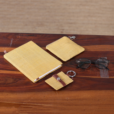 Set aus Tagebuch, Beutel und Schlüsselanhänger aus Seide mit Lederakzenten, (3-teilig) - Set aus Tagebuchtasche und Schlüsselanhänger aus Seide mit Stahl- und Lederakzenten