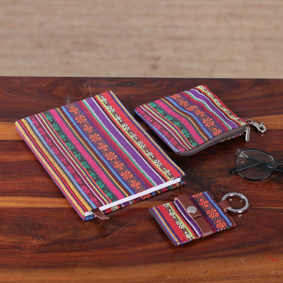 Leather-accented cotton journal, pouch and keychain set, 'Artistic Glory' (3 pieces) - Handcrafted Cotton Jacquard Journal Pouch and Keychain Set