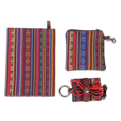 Leather-accented cotton journal, pouch and keychain set, 'Artistic Glory' (3 pieces) - Handcrafted Cotton Jacquard Journal Pouch and Keychain Set