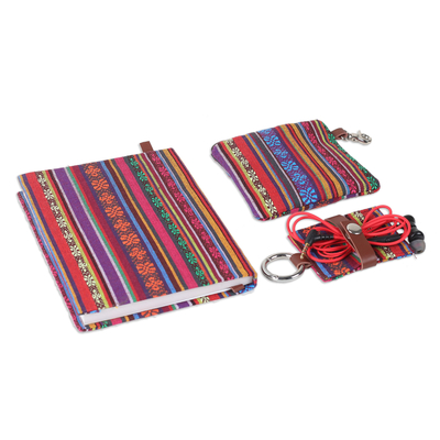 Leather-accented cotton journal, pouch and keychain set, 'Artistic Glory' (3 pieces) - Handcrafted Cotton Jacquard Journal Pouch and Keychain Set
