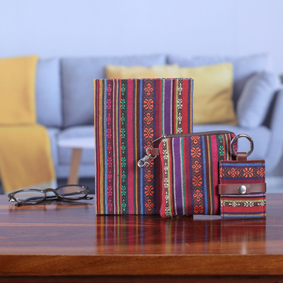 Set aus Tagebuch, Beutel und Schlüsselanhänger aus Baumwolle mit Lederakzenten, (3-teilig) - Handgefertigtes Journal-Beutel- und Schlüsselanhänger-Set aus Baumwoll-Jacquard